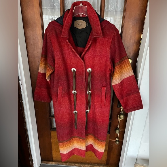 SOLD Vintage Woolrich Southwestern Aztec Wool Long Jacket Trench Coat Size Large - Picture 2 of 11